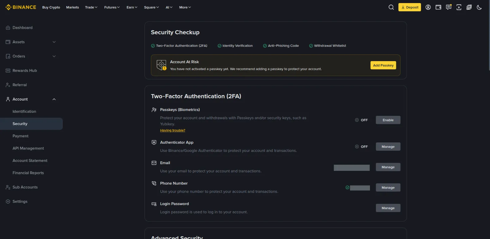 The Security section on Binance with two-factor authentication switched off