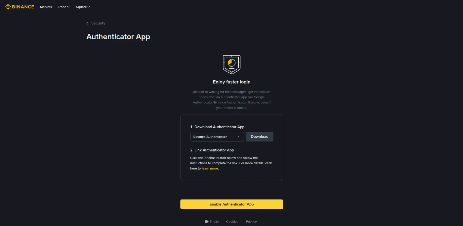 The Authenticator App page with the button that starts the setup