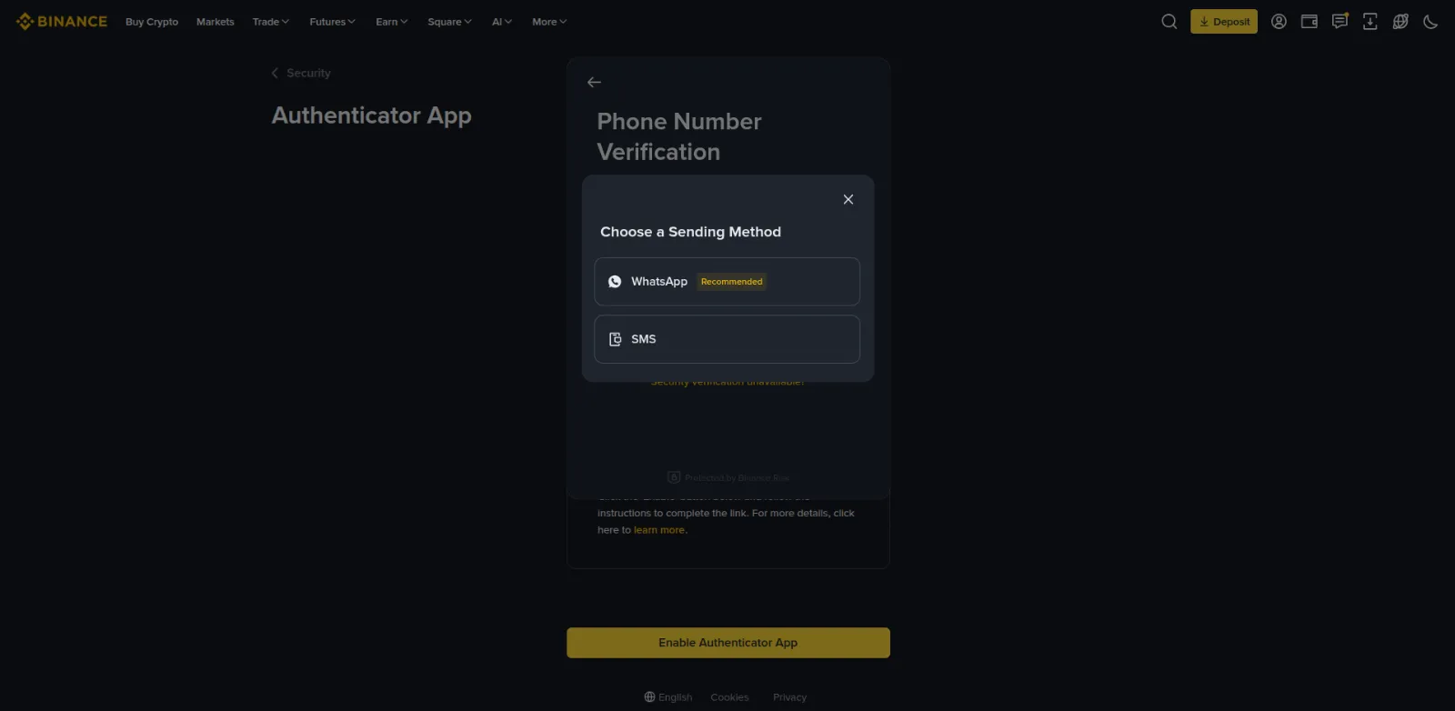 Choosing the channel for the phone confirmation code