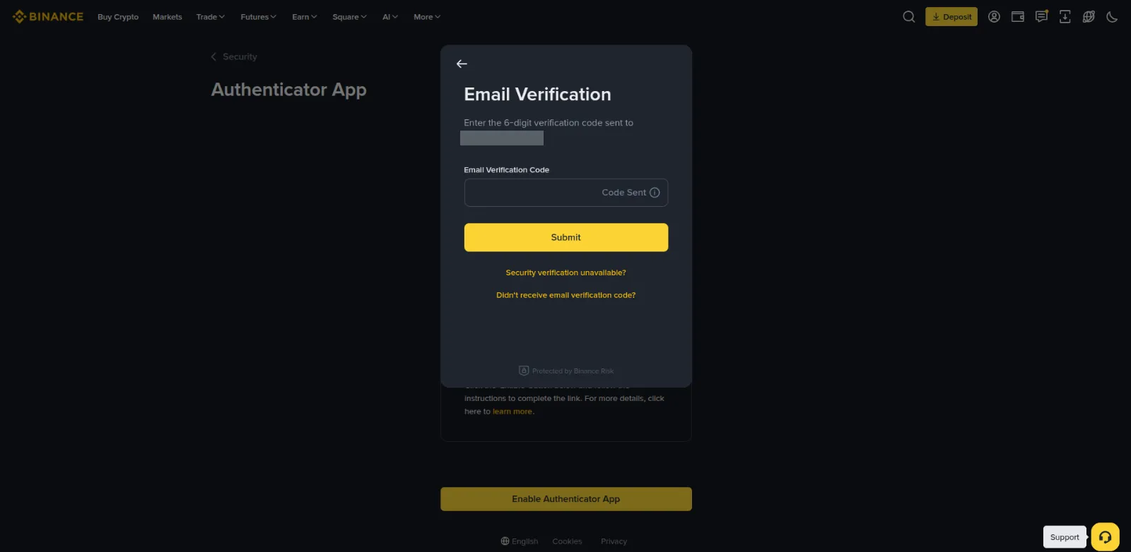 Entering the code sent to your email