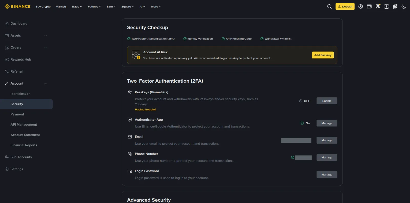 The Security section with two-factor authentication enabled