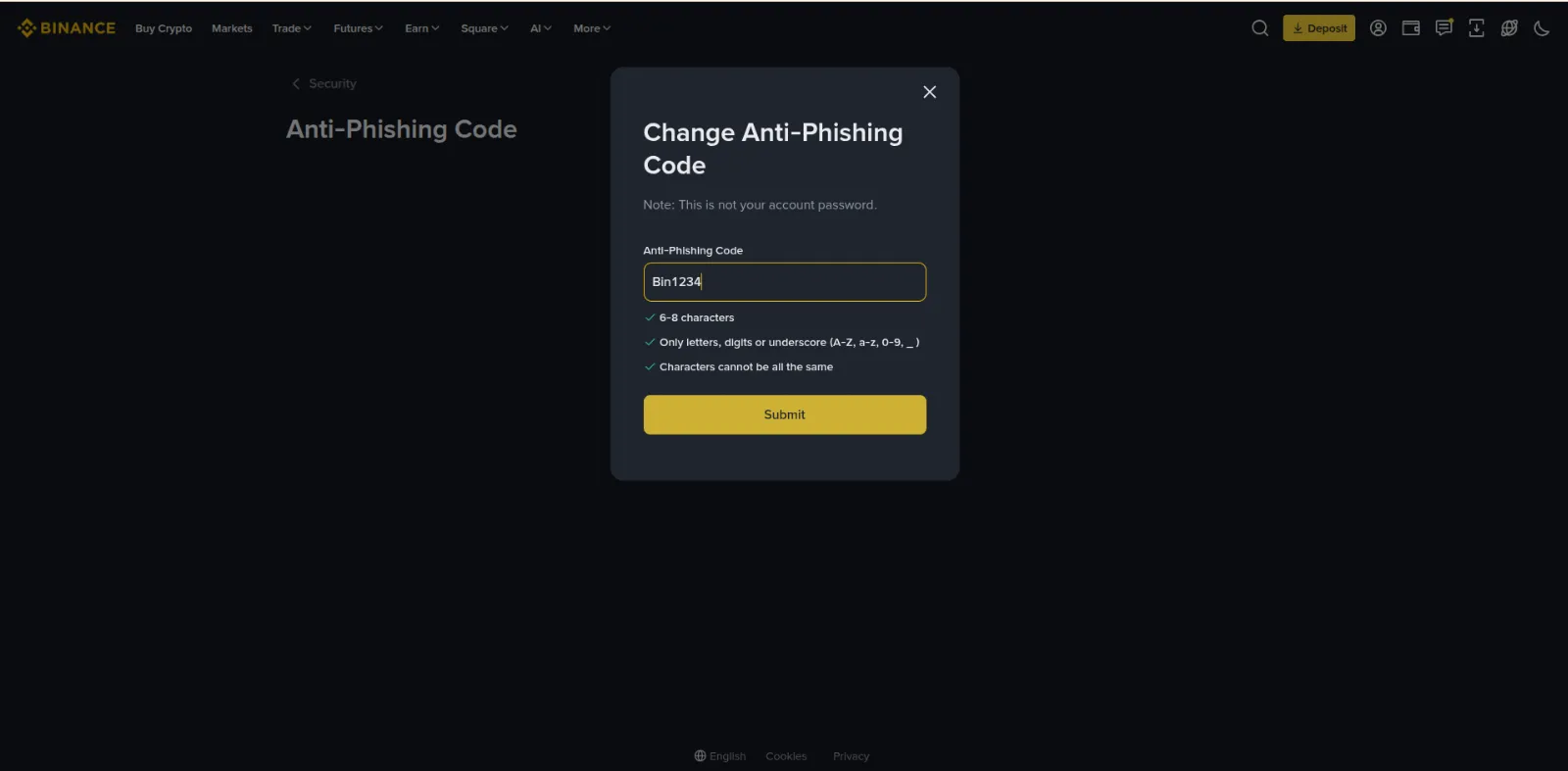 Binance anti-phishing code entry form