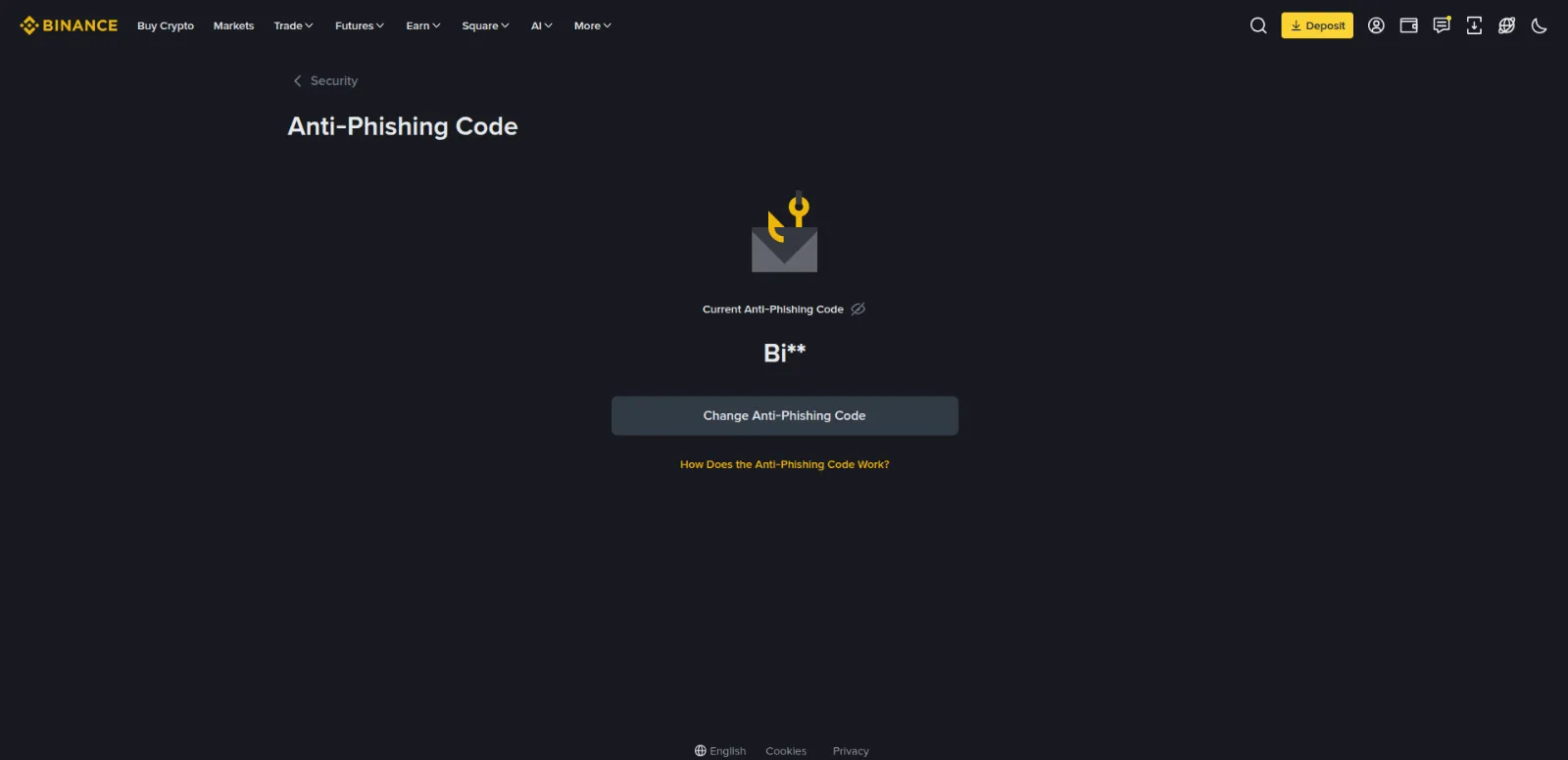 The anti-phishing code screen, where the exchange displays it masked