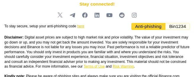 A Binance email with the anti-phishing code in the corner