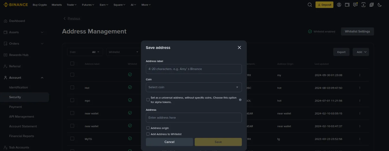Address Management: saved addresses and the form for adding a new one