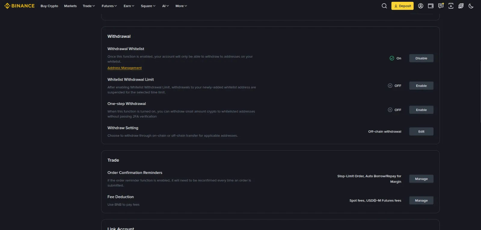 The withdrawal whitelist enabled in the Withdrawal section