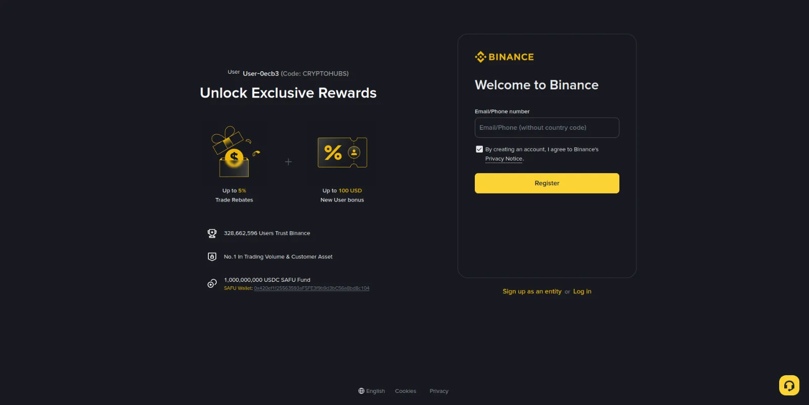 The Binance sign-up form with the email field and the Register button
