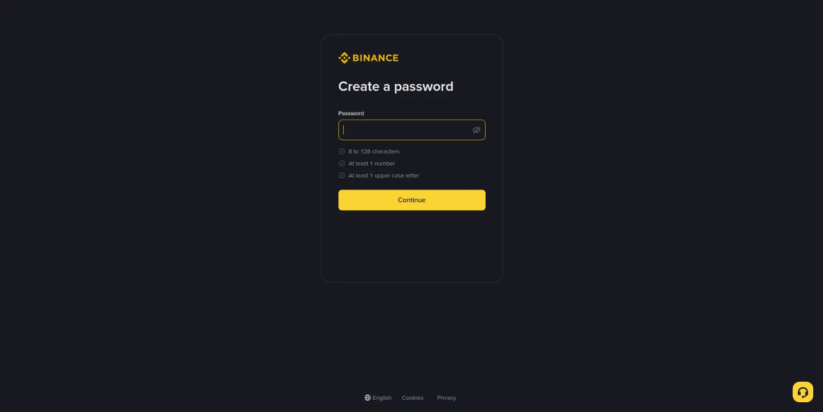 The password screen with the exchange's requirements listed under the field
