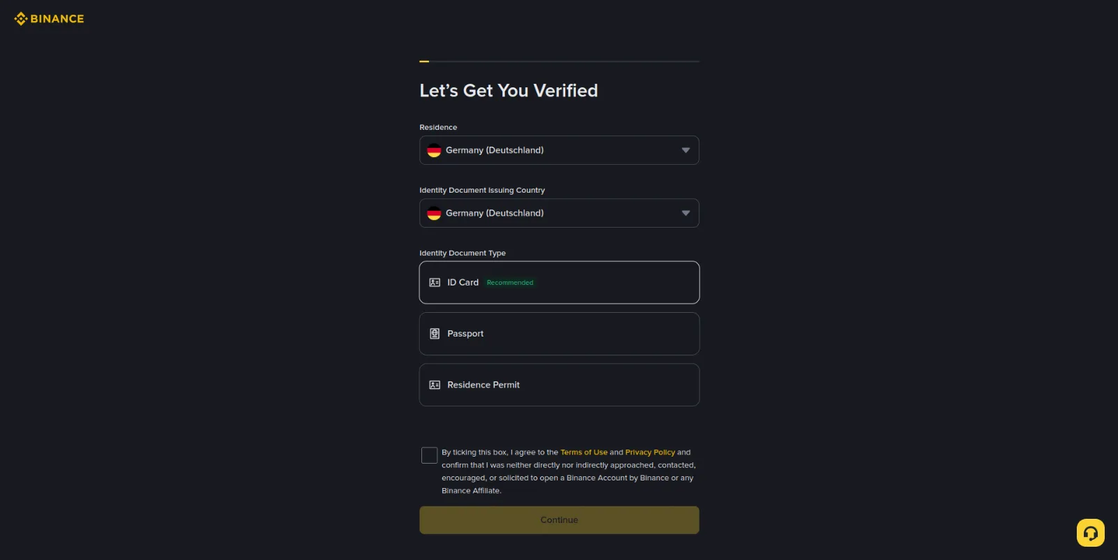 The verification start screen: country of residence, document issuing country and document type